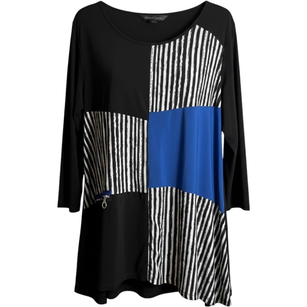 Ali Miles Black, White and Blue Tunic with Zipper Detail Size 2X